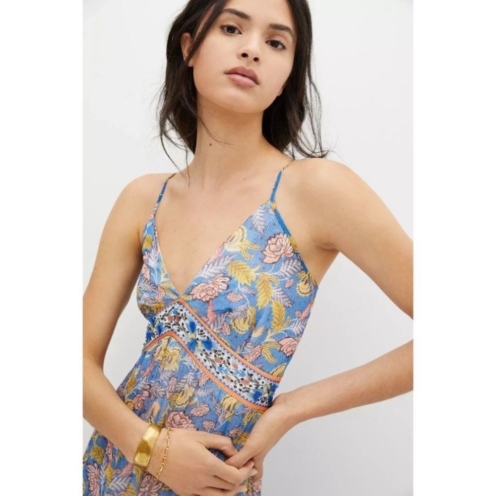 Anthropologie Blue Floral Maxi Dress with Pink and Yellow Accents - Picture 2 of 11